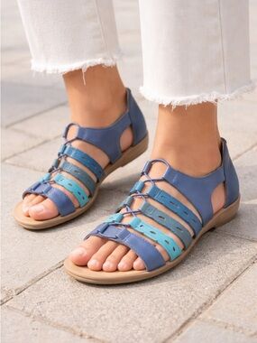 Earth Origins Blakely Leather Gladiator Sandals Blue Comfort Casual Flat Womens